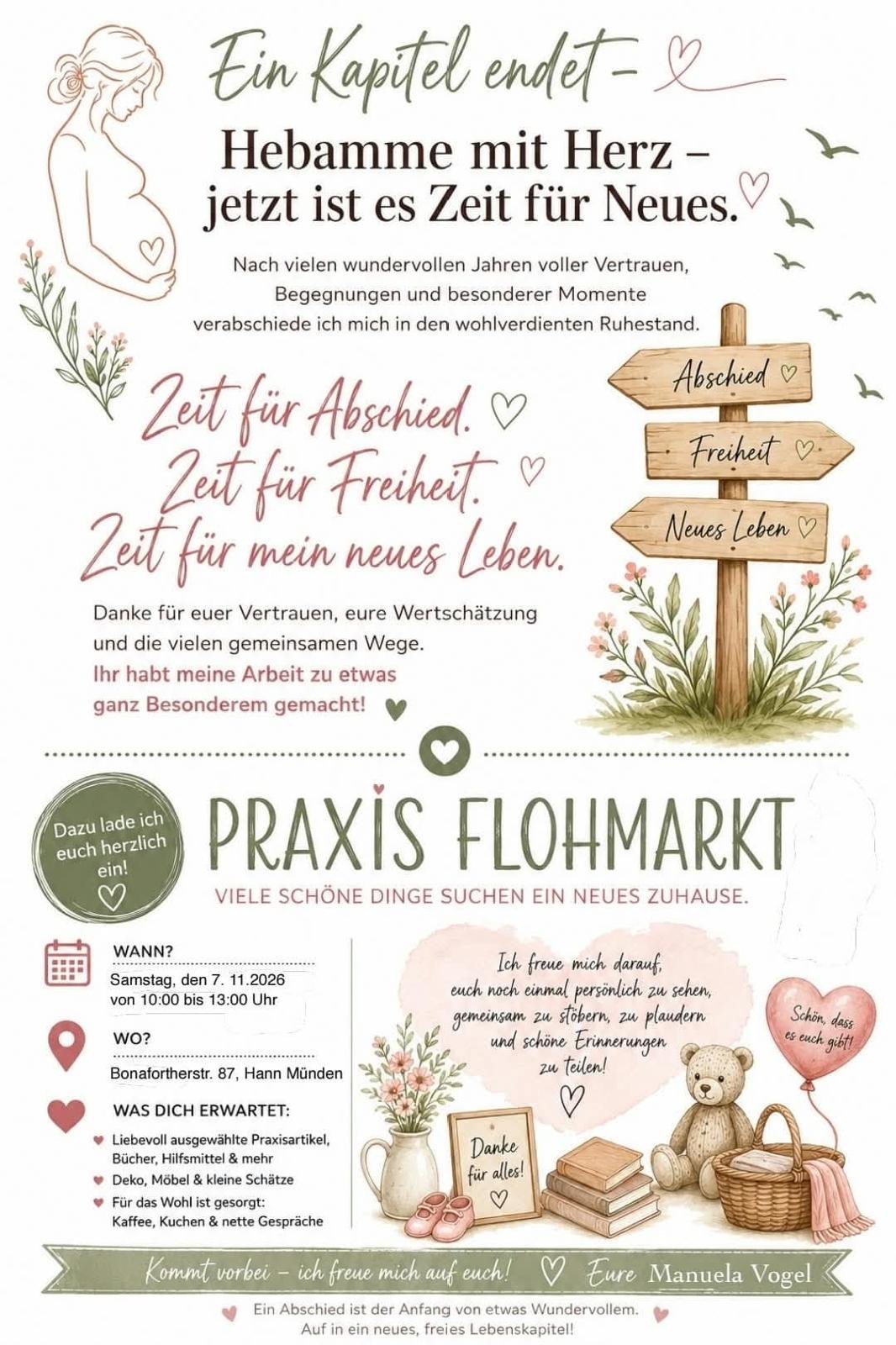 Flyer zum Praxis-Flohmarkt von Hebamme Manuela Vogel