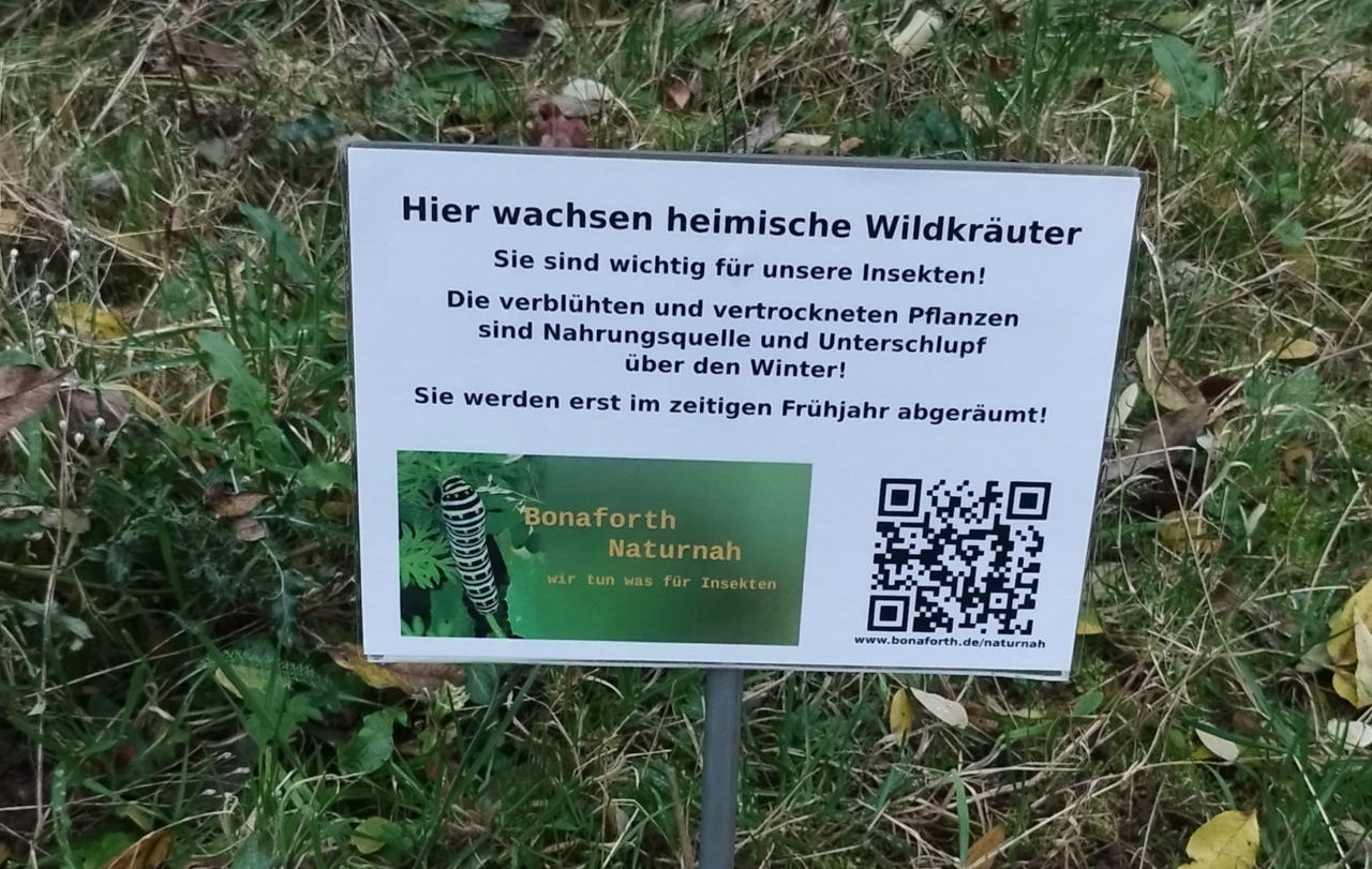 Hinweisschild 'Heimische Wildkräuter' an der Bonaforther Strasse